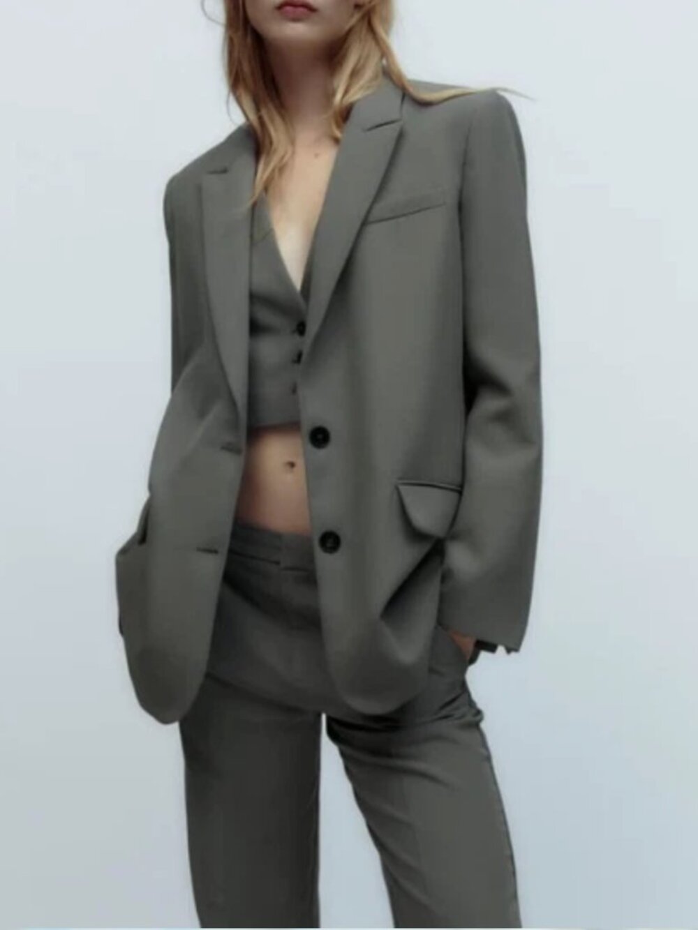 ZARA WOMAN OVERSIZED LONGLINE STRAIGHT BLAZER JACKET GRAY GREEN 2010/812 L